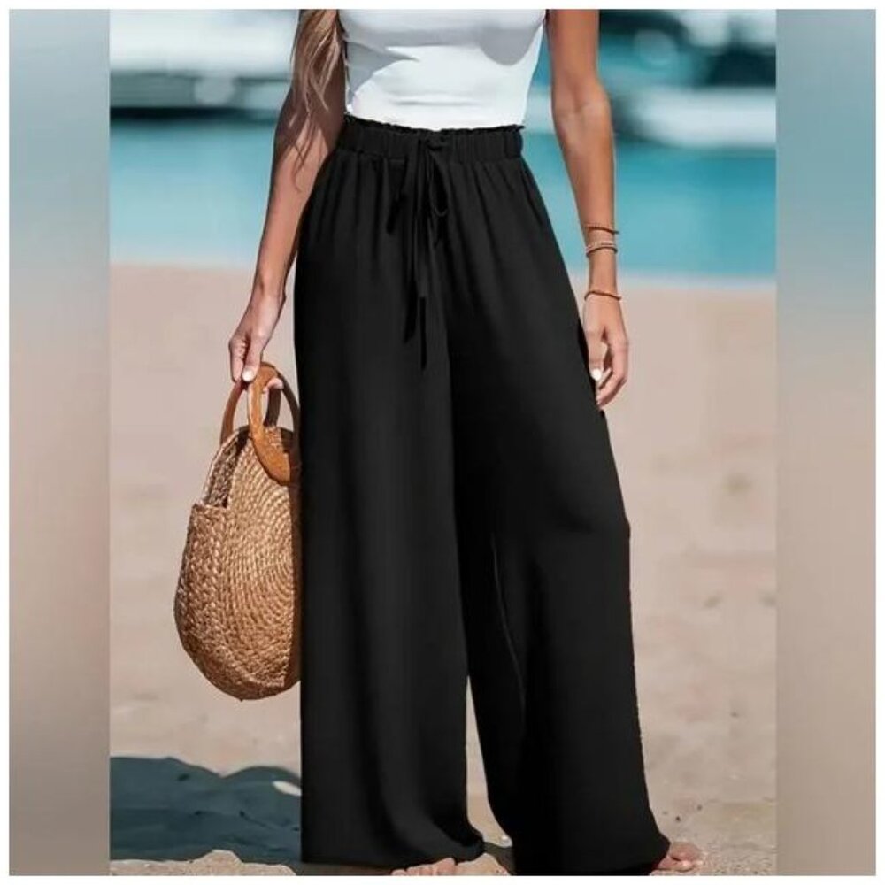 Long Length Elegant Wide Leg Pants - Soft Polyester, Fake Drawstring, Loose Fit